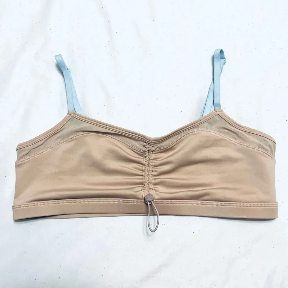 Fabletics Makayla Bra Low Impact Cinch Front Tan With Blue Straps Size L NWT
